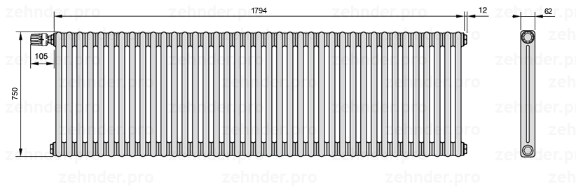 Схема (чертеж) Радиатор Zehnder Charleston 2075/39 №V011 Белый глянцевый RAL 9016